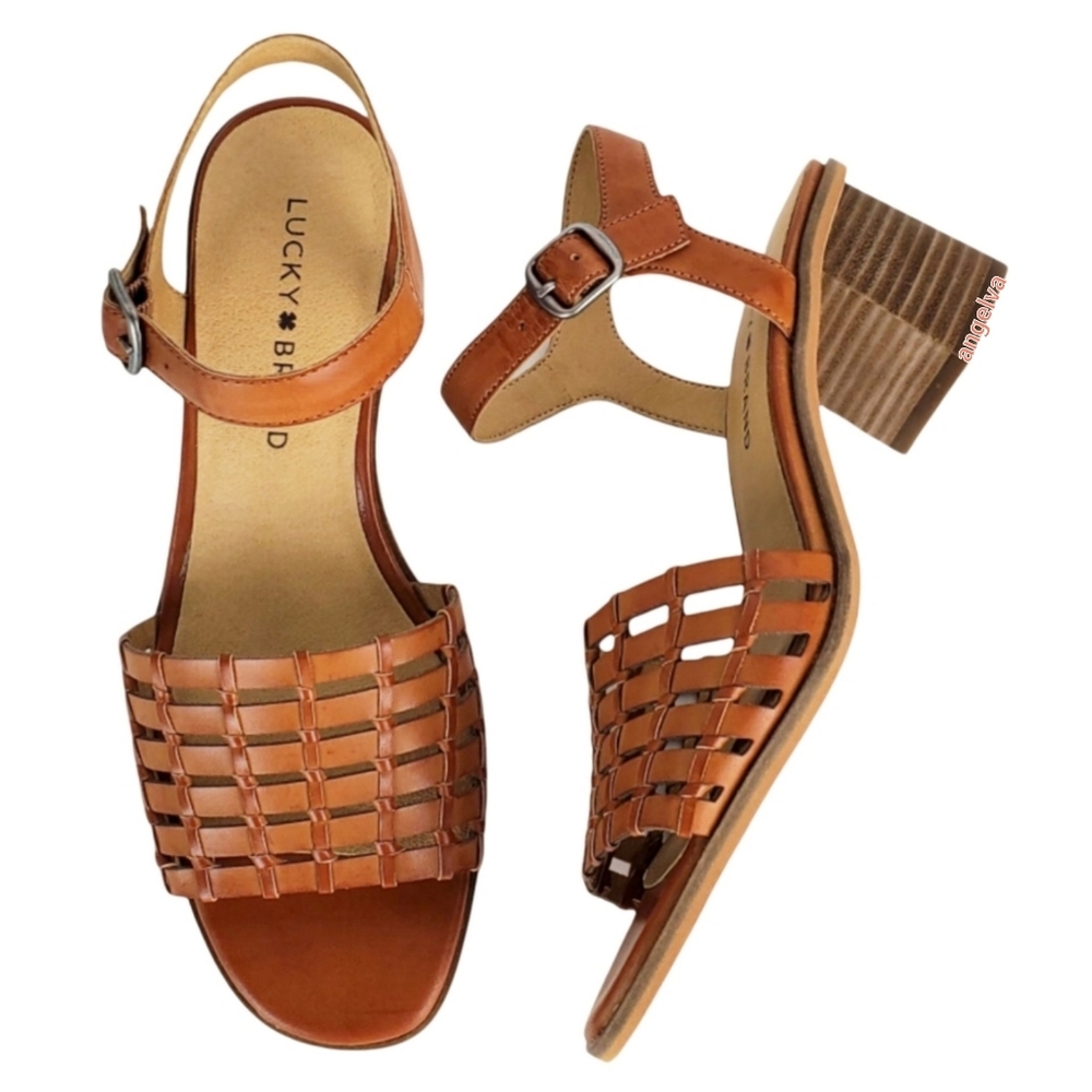 New Lucky brand lowis strappy cognac brown burnished nappa leather heel sandals